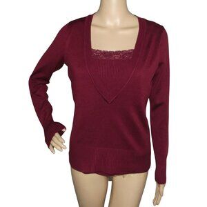 Design History Sweater Women Small (4/6) Burgundy 2fer V-neck Cami long sleeve